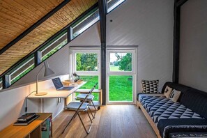 TV, fireplace, books, offices