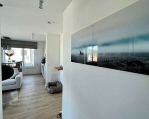 Een televisie en een open haard