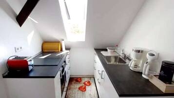 KĂŒhlschrank, Ofen, Herdplatte, Wasserkocher mit Kaffee-/Teezubehör