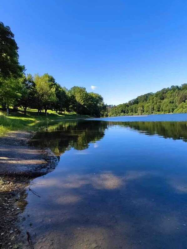 Un lac paisible aux eaux limpides, où se reflète le ciel bleu, et qui est entouré d’arbres.