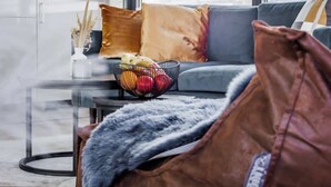 A modern living room with a grey sofa, a glass coffee table, and a brown leather armchair. - Hausboot Küstennebel 2 (Ribnitz-Damgarten)