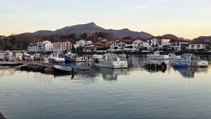 Un port de plaisance où sont amarrés des bateaux, entouré de bâtiments résidentiels et avec une montagne en arrière-plan.