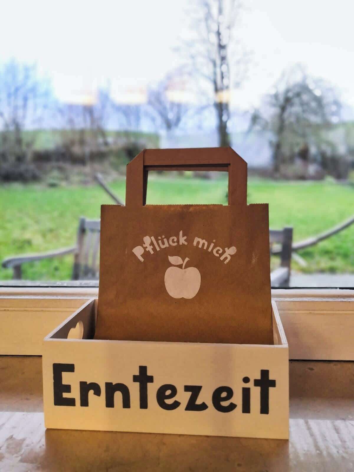 Een houten kist met handgreep en een bordje met de tekst 'Erntezeit', voor een raam met uitzicht op een park.