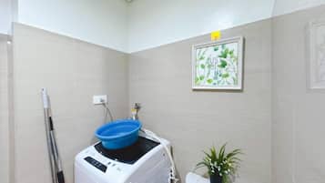 Shower, hair dryer, bidet, towels