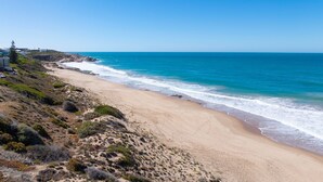 Une plage offrant une vue dégagée sur l’océan, avec un rivage sablonneux et une végétation clairsemée.