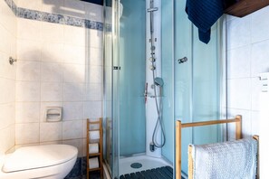 Shower, hair dryer, bidet, towels