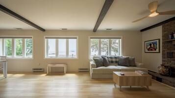 Smart TV, lareira, livros