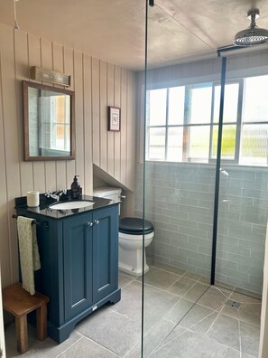 Shower, hair dryer, towels, toilet paper