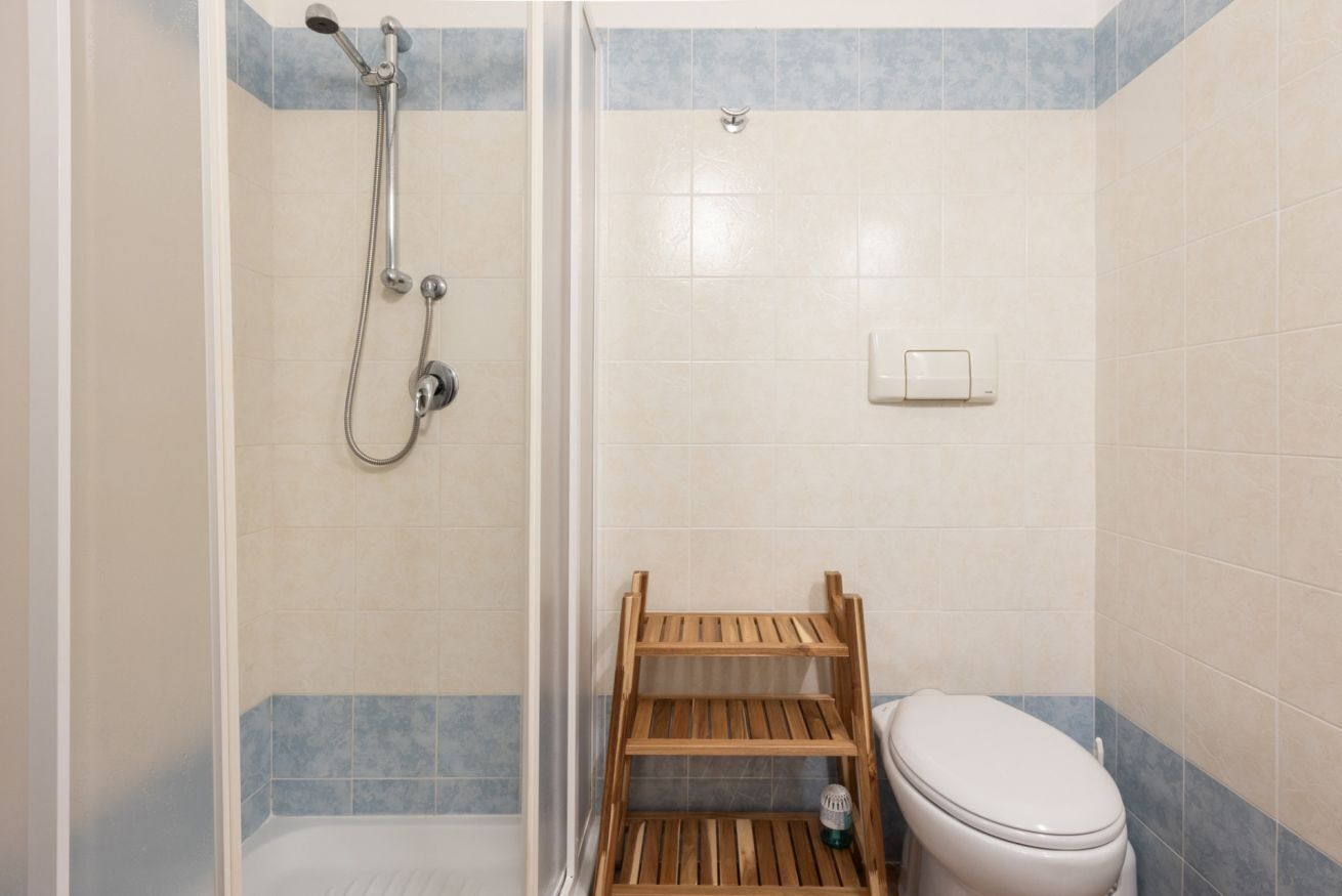 A bathroom with a shower, toilet, and wooden shelf.