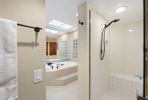 Shower, hair dryer, shampoo