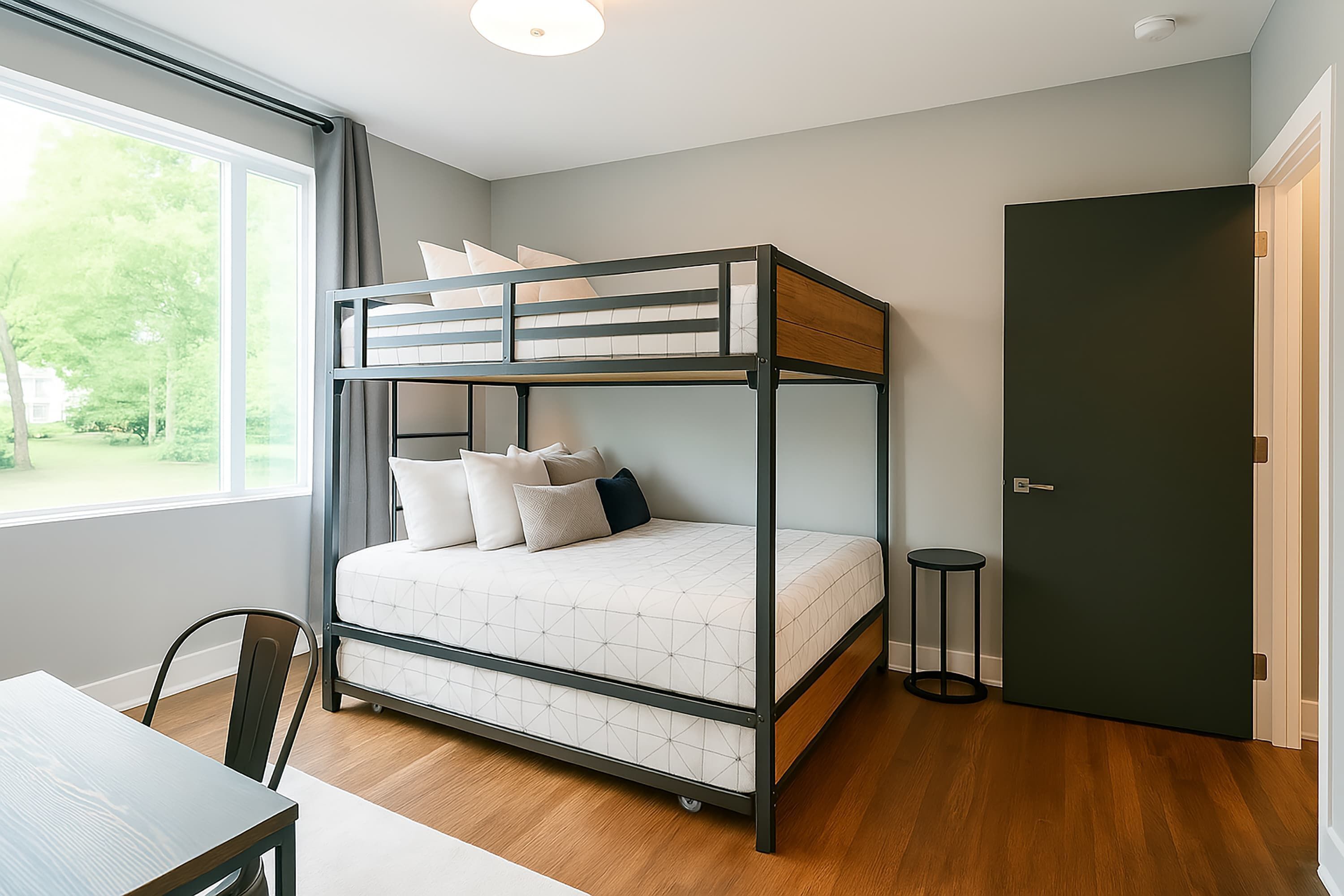 A bunk bed with a mattress, pillows, and a small round table beside it.