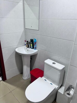 A bathroom with a white pedestal sink, a toilet, and a red trash bin. - Luxe Nairobi Escape, Walk to Swahili Eats & Mall & 15 minutes drive to Park. (Nairobi)