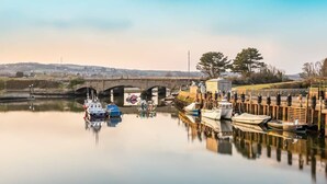 Een rustige rivier met afgemeerde boten, een brug op de achtergrond en een gazon met bomen.
