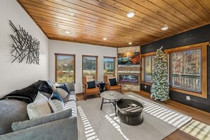 TV, fireplace, video games, foosball