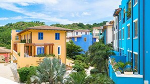 Una hilera de edificios coloridos con un jardín al frente.