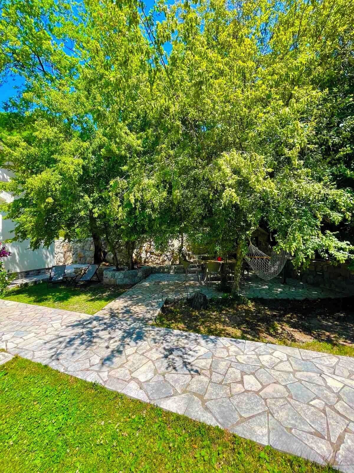 Un chemin de pierre mène à un espace aménagé avec du mobilier de jardin, le tout entouré d’une végétation luxuriante et d’arbres.