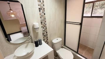 A bathroom with a white sink, a toilet, and a shower area.