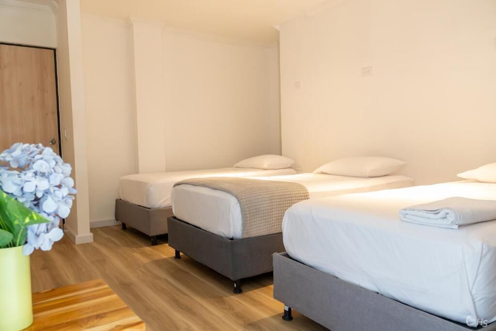 A hotel room with two beds, a wooden floor, and a potted plant.