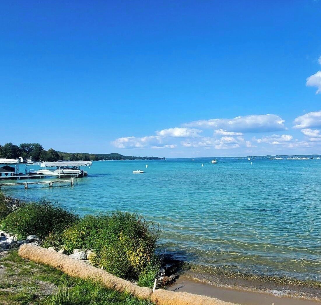 A clear view of a calm lake with boats docked on the left, surrounded by greenery and a clear sky.