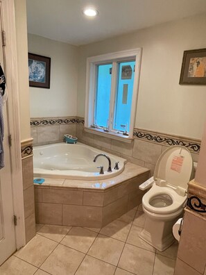 Shower, jetted tub, hair dryer, bidet