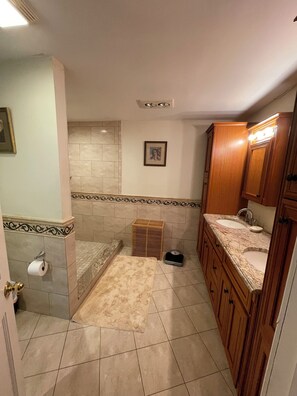 Shower, jetted tub, hair dryer, bidet