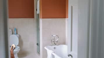 A bathroom with a toilet, a bathtub, and a shower.