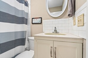 Hair dryer, towels, soap, toilet paper