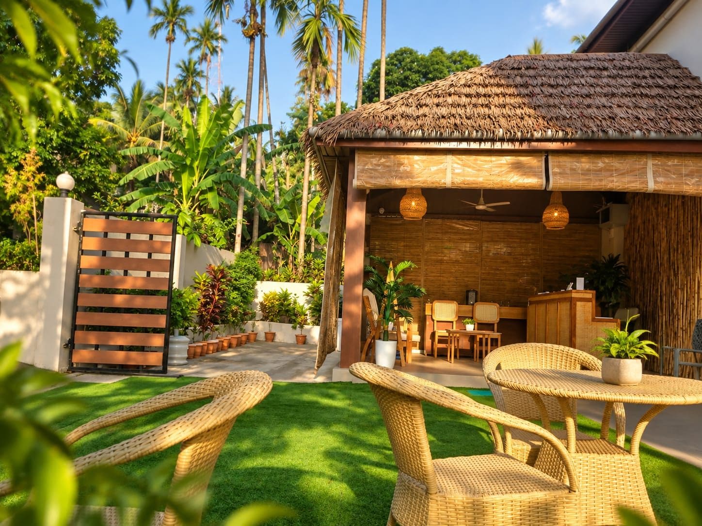 A covered outdoor seating area with wicker furniture, a thatched roof, and a view of lush greenery and palm trees.