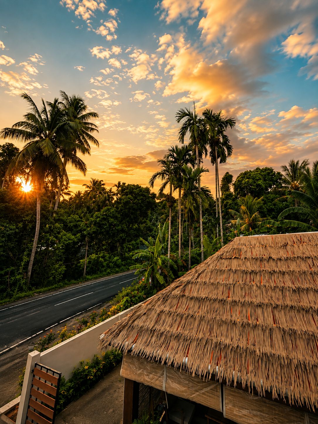 A thatched-roof structure adjacent to a road with palm trees and a sunset in the background.
