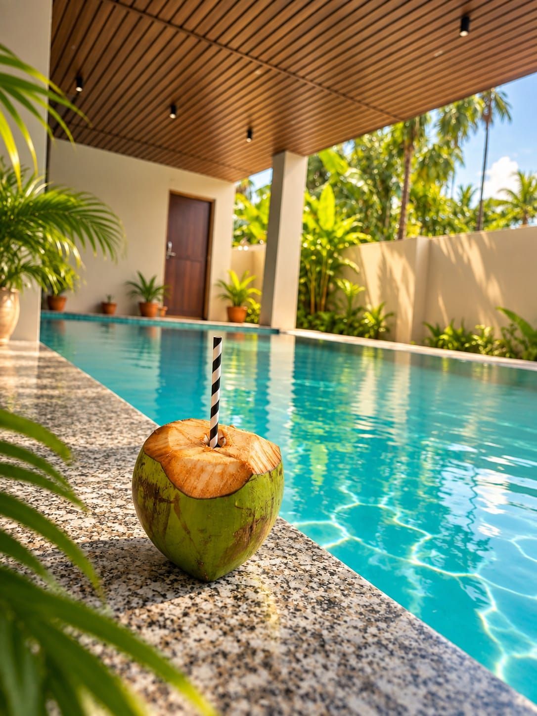 A pool area with a coconut on the edge, surrounded by greenery and a wooden ceiling.