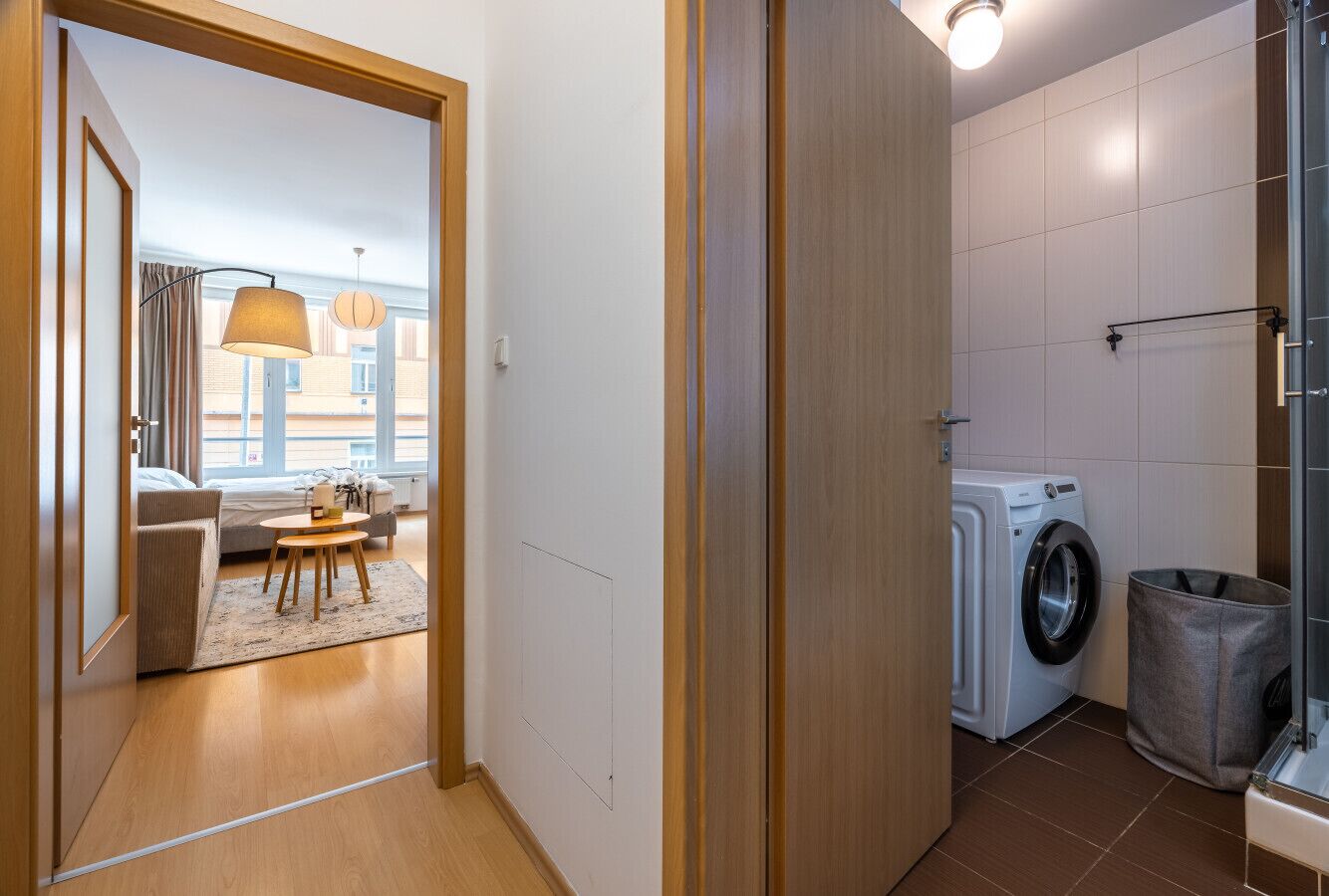 A modern apartment with a living area, a washing machine, and a shower.