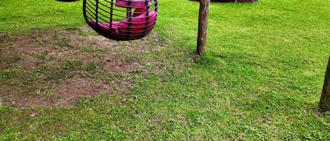 A grassy area with hanging swing chairs and a trampoline.