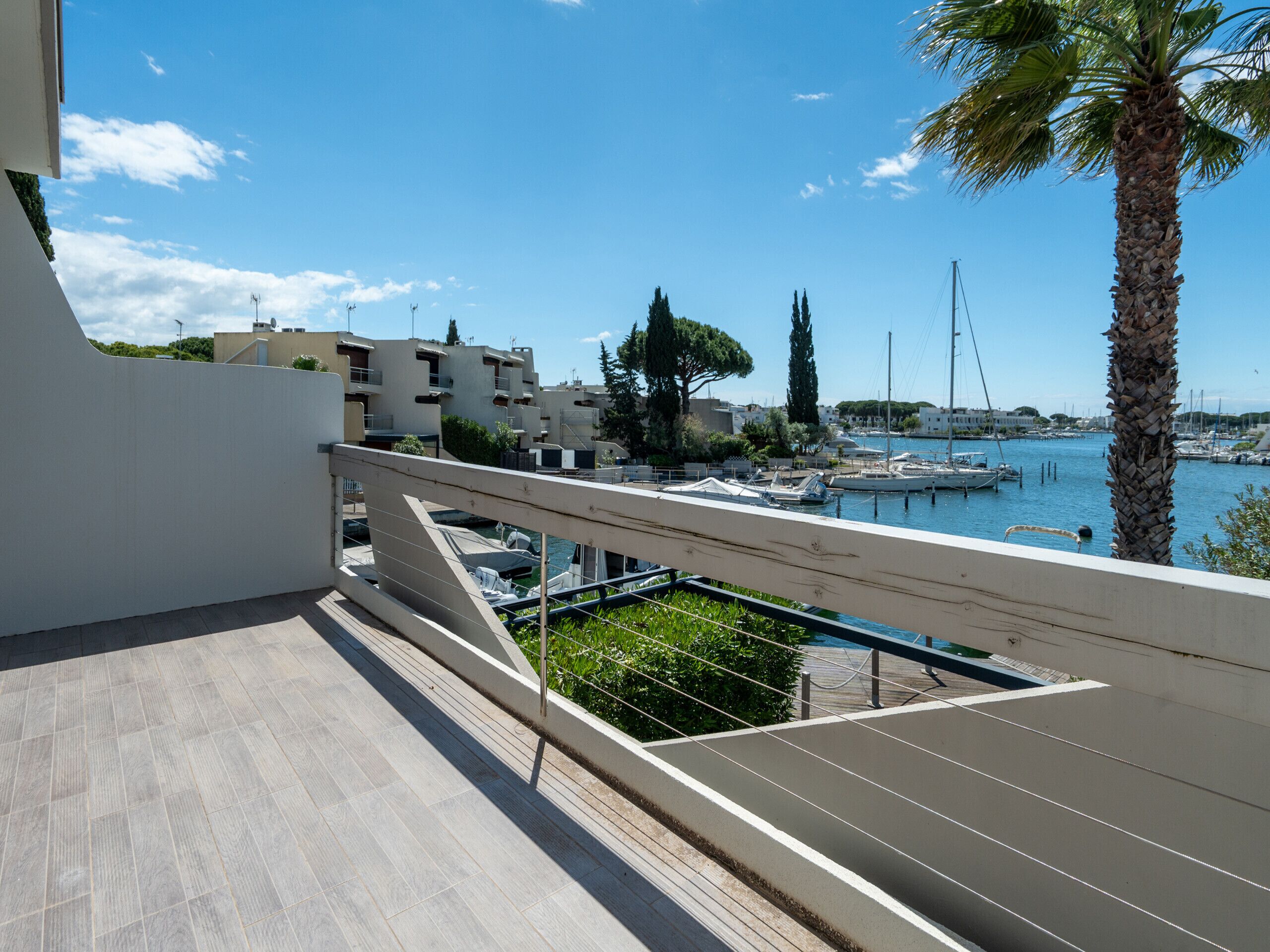 A balcony with a view of a marina, buildings, and a palm tree.