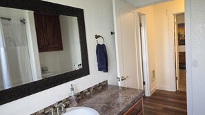 Hair dryer, towels, soap, shampoo