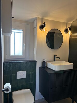 Shower, hair dryer, towels, toilet paper