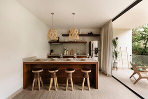 Fridge, microwave, stovetop, coffee/tea maker