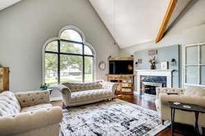 TV, fireplace, books