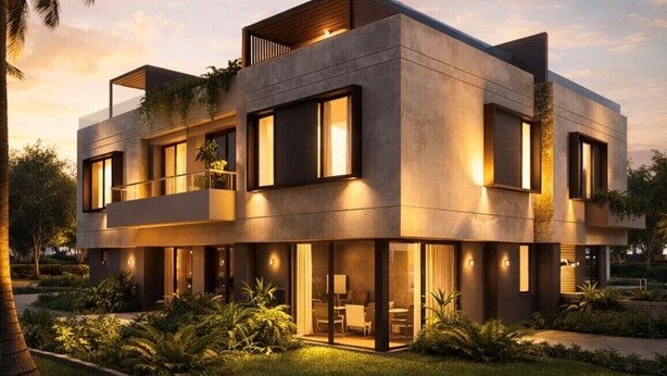 Une maison moderne à deux étages, dotée d’un toit plat, de grandes fenêtres et d’un éclairage extérieur soigné.