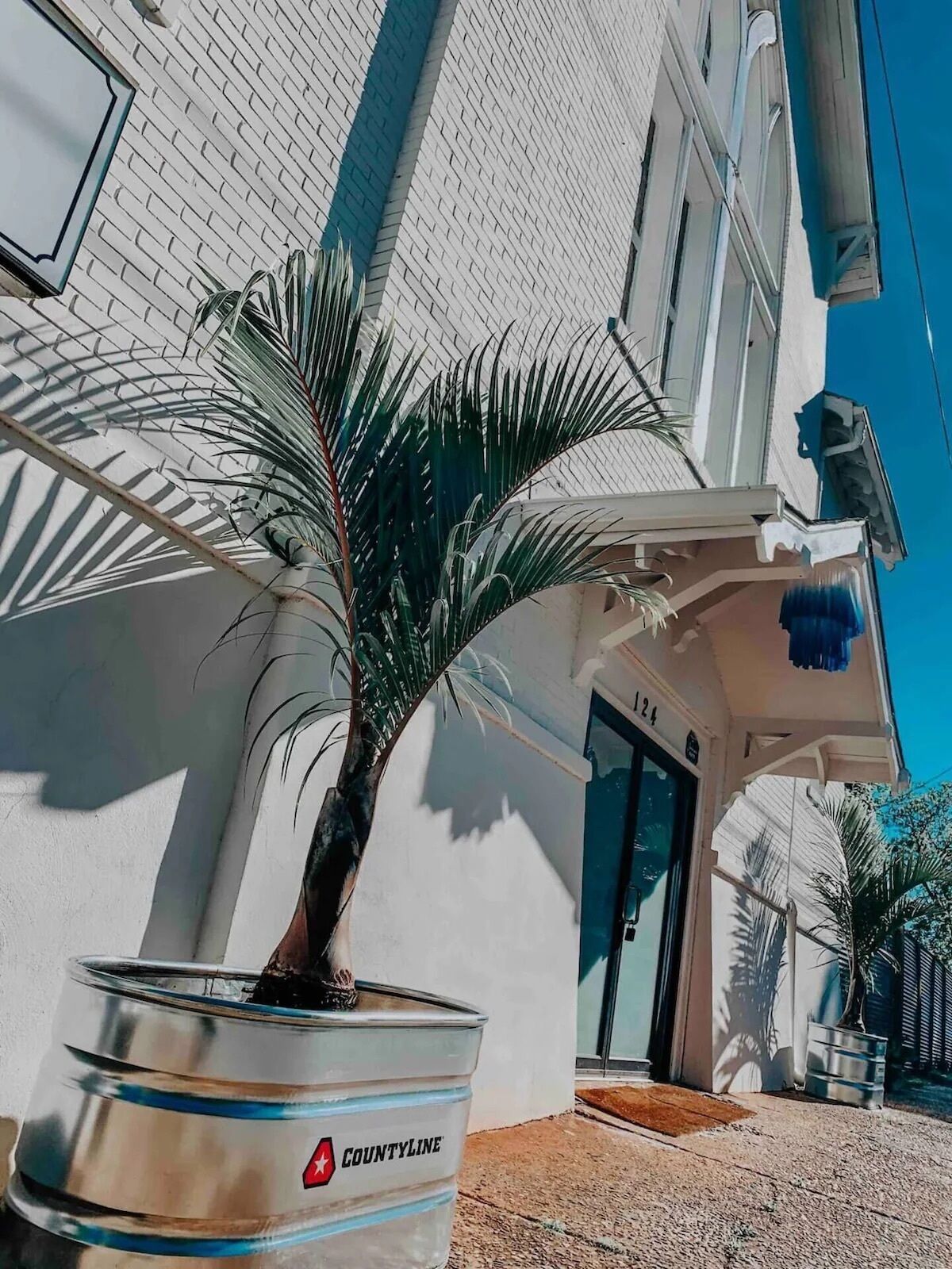 Un bâtiment à la façade blanche, un palmier planté dans un grand pot, et un ciel d’un bleu limpide.
