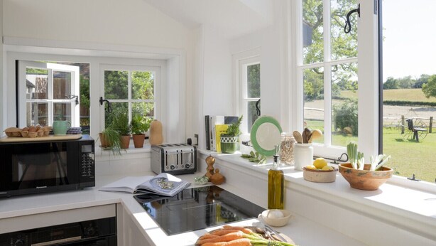 A bright kitchen with white cabinetry, a built-in oven, a microwave, and a large window offering a view of the outdoors.