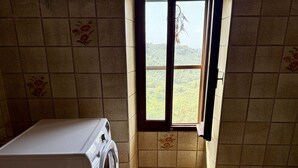 Una lavanderia con lavatrice, una finestra vista sul verde e piastrelle decorate alle pareti.