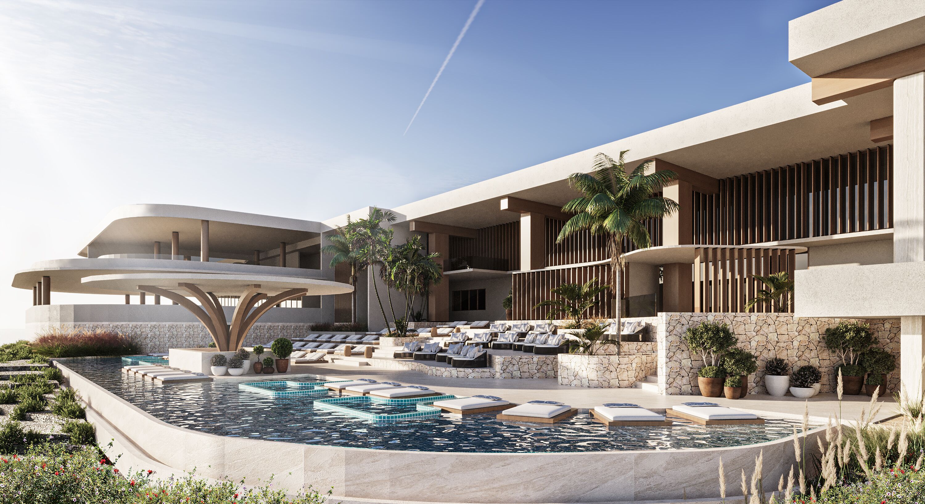Un resort moderno con zona de piscina, tumbonas y fachada de piedra.