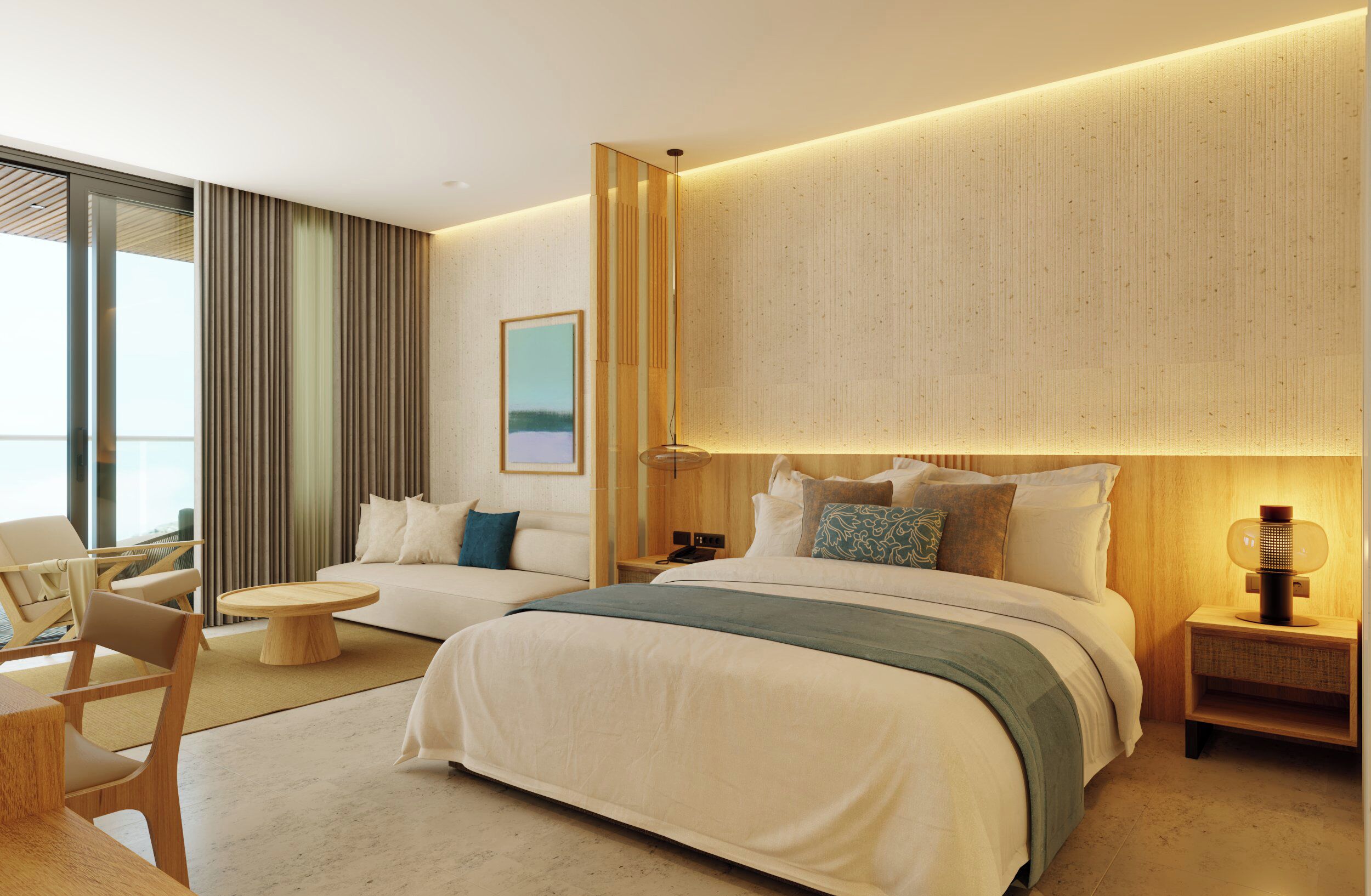 Una habitación de hotel moderna con una cama grande, un sofá, un comedor y vistas al exterior.