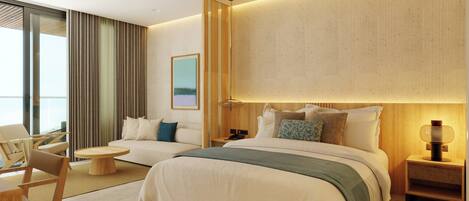 Una habitación de hotel moderna con una cama grande, un sofá, un comedor y vistas al exterior.