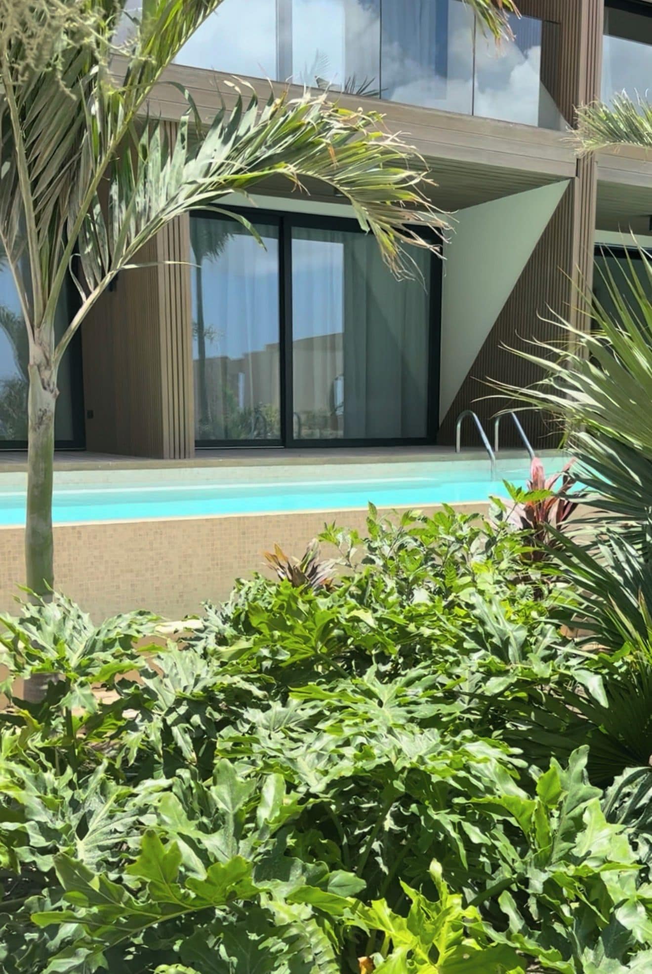 A modern building with a pool, surrounded by lush greenery and palm trees.