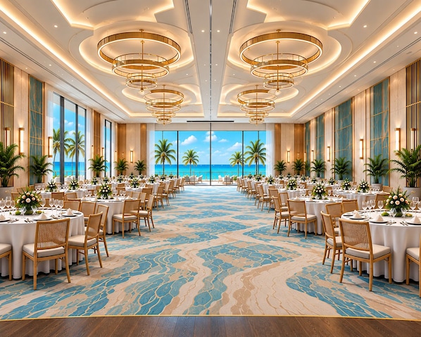 A banquet hall with round tables, chairs, and a view of the ocean. - TUI BLUE Curacao All Inclusive (Soto)