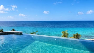 Vista clara do oceano azul a partir de uma piscina com borda em azulejo, rodeada por palmeiras.