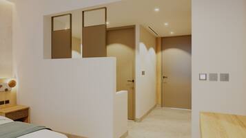 Shower, rainfall showerhead, free toiletries, hair dryer