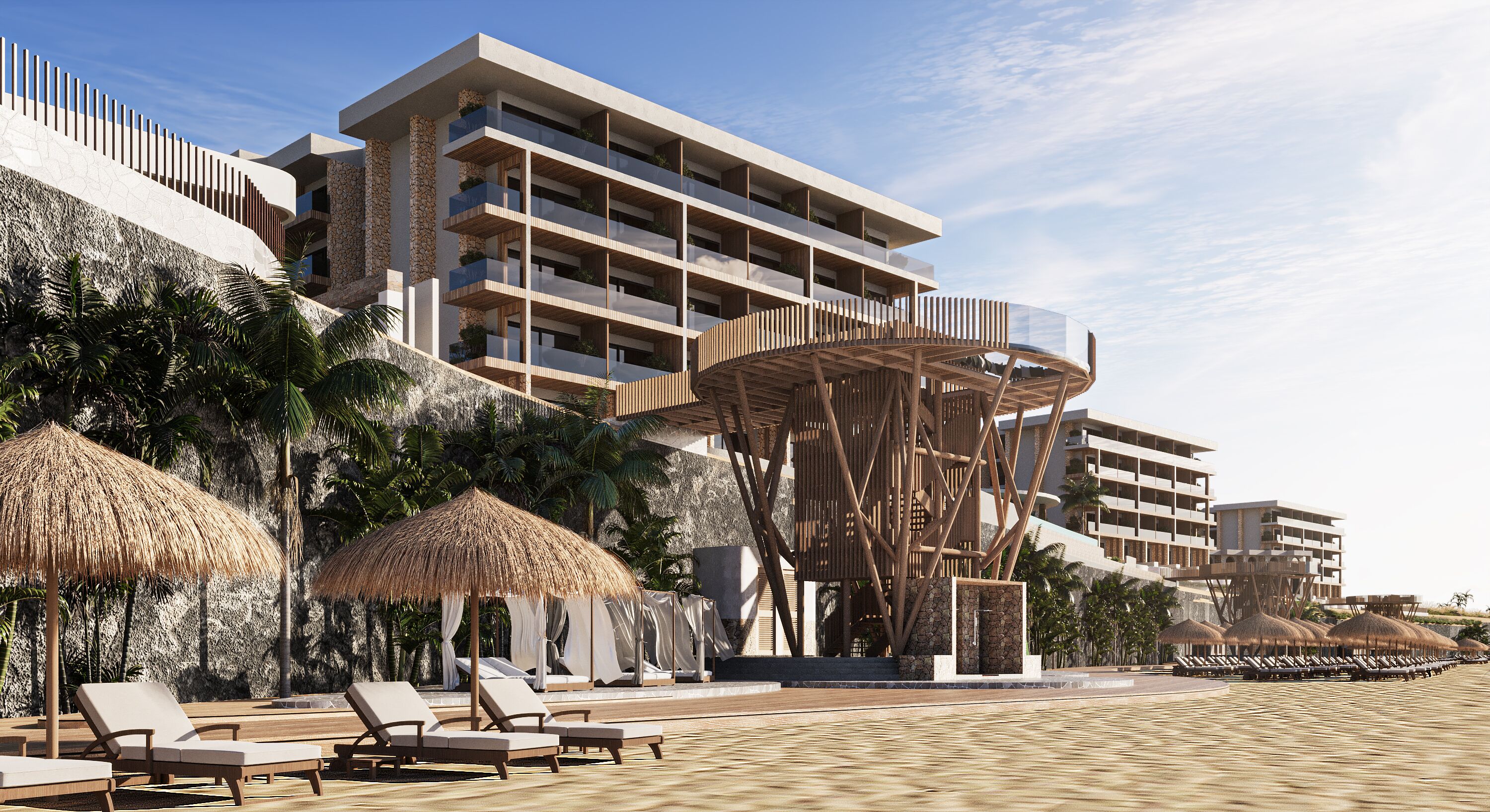 Playa privada, playa de arena blanca, camastros y sombrillas 