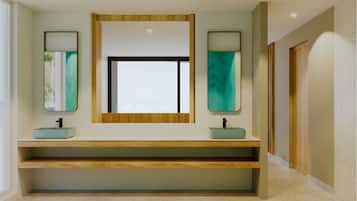 Suihku, sadesuihkupää, ilmaiset hygieniatuotteet, hiustenkuivaaja